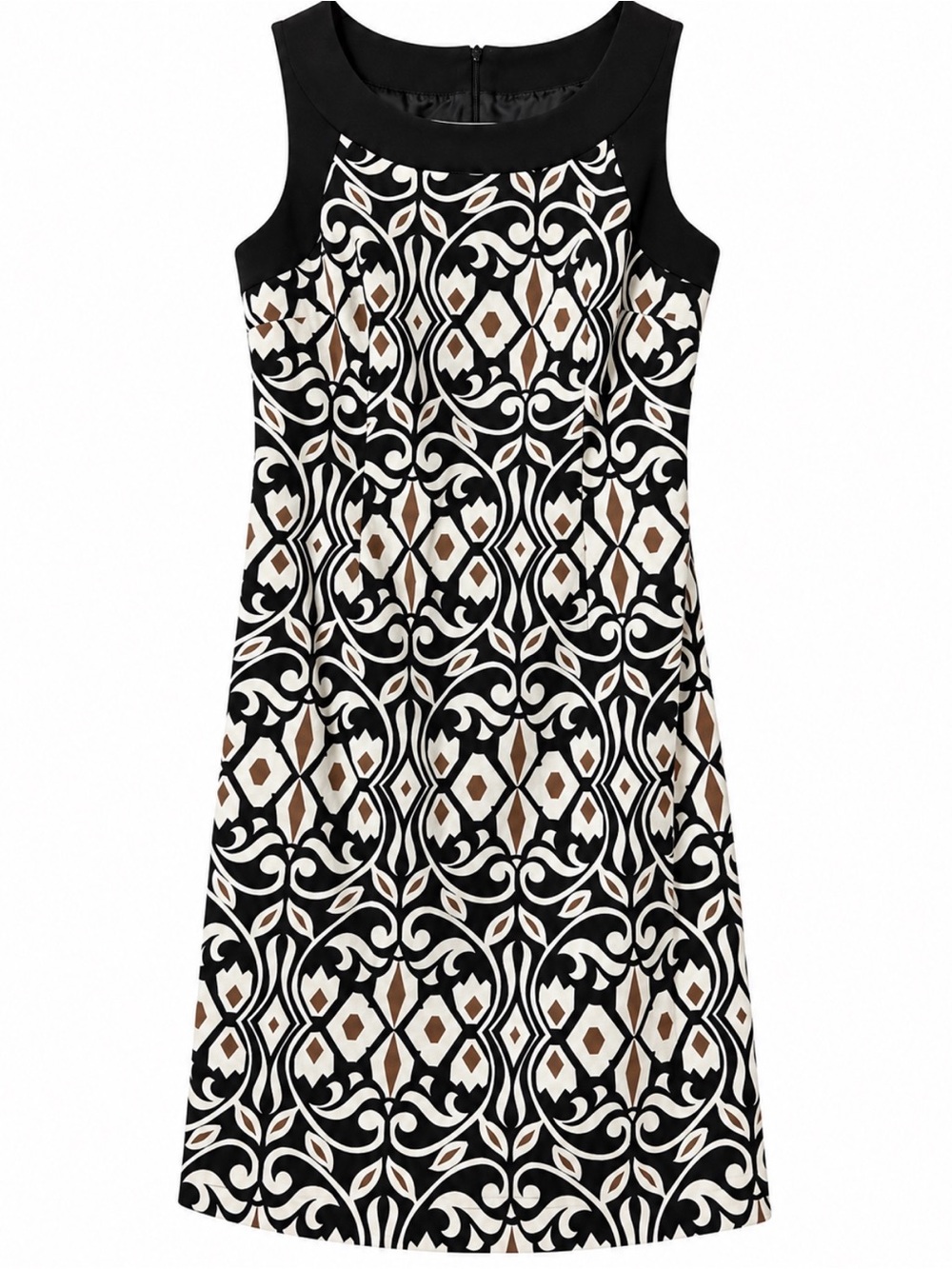 Talbots Stretch Dress Size 4 Black Cream Brown Geometric Sleeveless Lined
